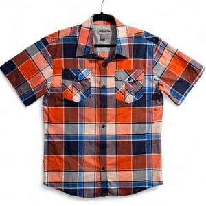 Ablanche New York Mens Large Orange Blue Gray Plaid Short Sleeve Button Up Shirt